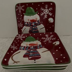 Pier 1 Imports Set Of 4 Jolly Holiday Snowman Appetizer Plates. Brand New